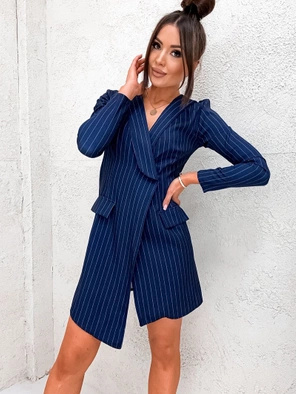 Granatowa długa elegancka marynarka sukienka w prążki 