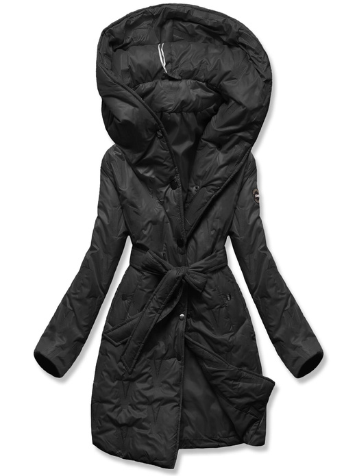 Czarny pikowany płaszcz zapinany na zatrzaski z paskiem