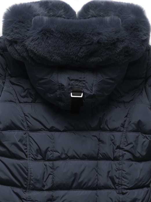 Granatowa kurtka zimowa - płaszczyk na bardzo ciepłym misiu z modnym futerkiem przy kapturze