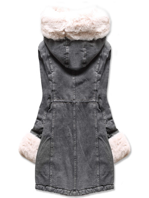 Czarna ecru jeansowa zimowa kurtka płaszczyk futro