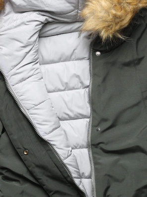 Zielono szara długa dwustronna ciepła kurtka parka z kapturem z odpinanym futerkiem