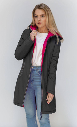 Grafitowo-różowa przejściowa dwustronna damska kurtka z kapturem