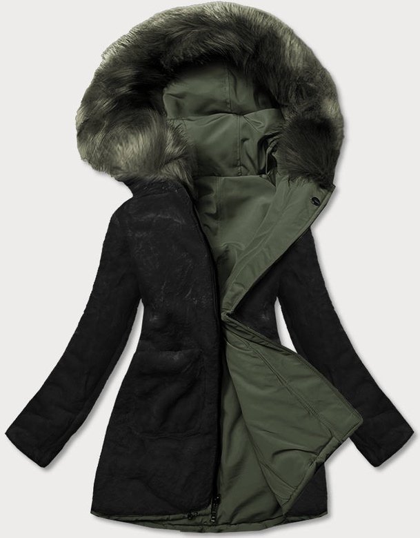 Khaki czarna dwustronna zimowa parka na futrze
