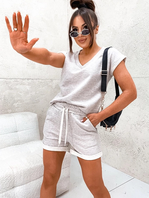 Beżowy melanżowy fenomenalny bawełniany letni komplet bluzka i spodenki