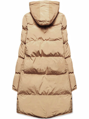 Piaskowa długa pikowana zimowa kurtka płaszczyk na misiu z kapturem