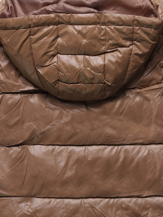 Karmelowa damska długa pikowana kurtka z kapturem