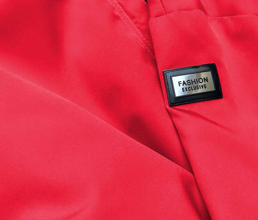 Czerwona kurtka płaszcz z ozdobnymi lampasami we wzory z kapturem