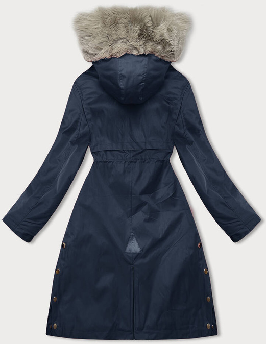 Granatowy zimowy płaszcz parka na futrze