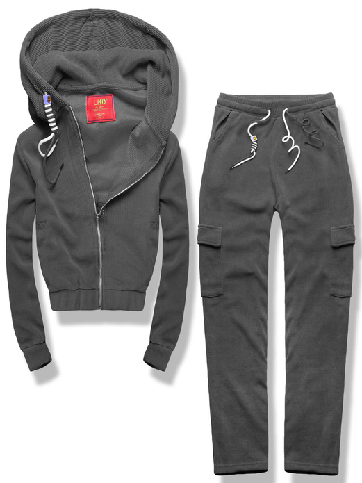 Grafitowy prążkowany dres komplet z kapturem