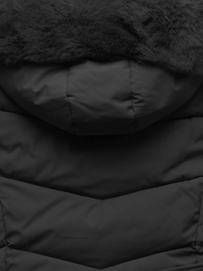 Czarna ciepła zimowa pikowana kurtka z futrzanym kapturem