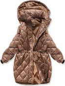 Brązowa oversizowa zimowa damska pikowana w karo kurtka z kapturem