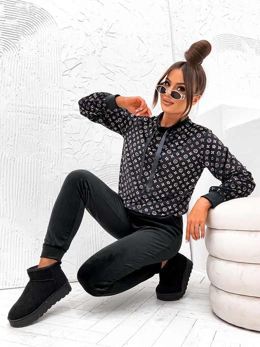 Czarny damski welurowy gładki dres komplet z tasiemką