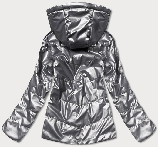 Szara dwustronna przejściowa kurtka damska z kapturem geometryczne wzory