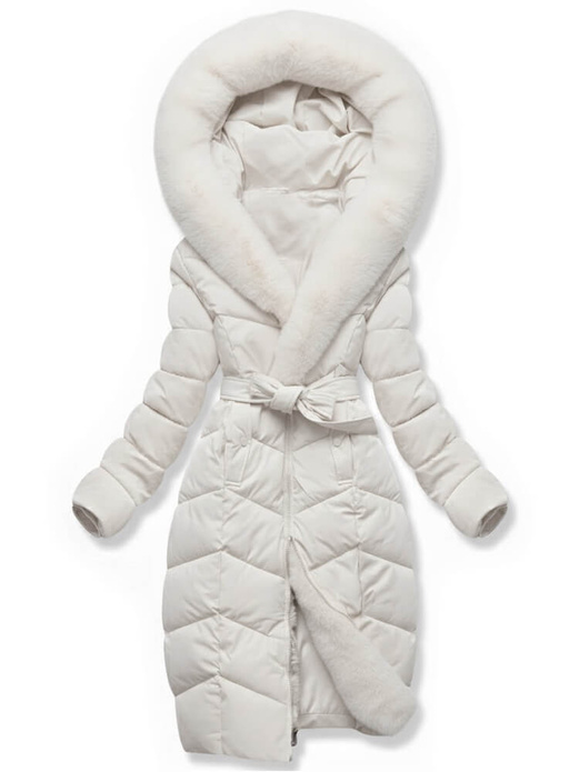 Biała ciepła zimowa pikowana kurtka z futrzanym kapturem