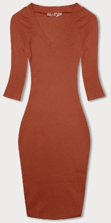 Pomarańczowa, klasyczna wyszczuplająca, prążkowana sukienka, basic elegance z rękawem 3/4
