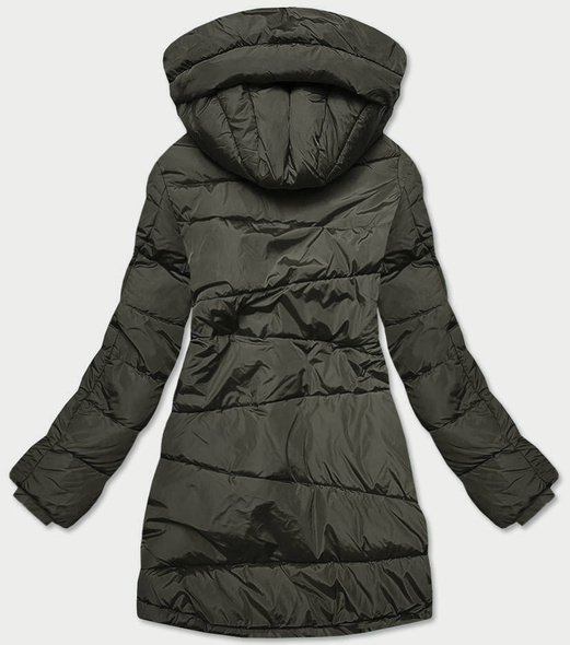 Ciemnozielona asymetryczna długa pikowana zimowa kurtka płaszczyk z kołnierzem