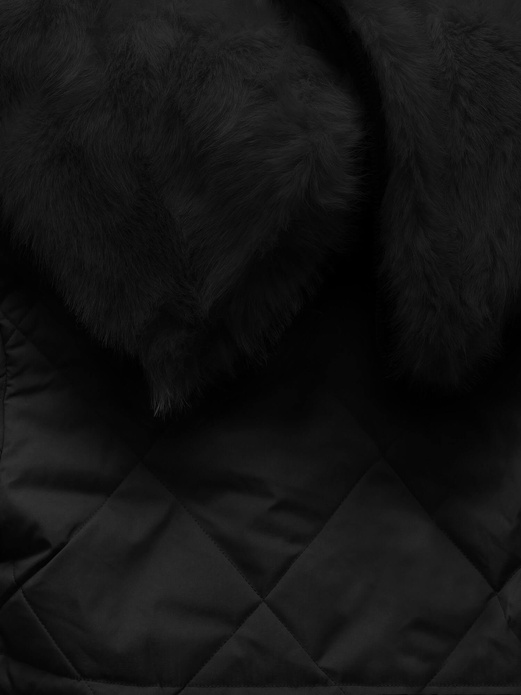 Czarna damska zimowa pikowana kurtka płaszcz na futerku