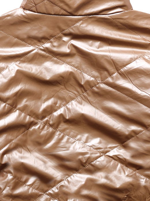 Beżowa krótka damska błyszcząca kurtka z modną stójką