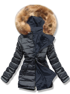 Granatowo grafitowa dwustronna damska kurtka pikowana z kapturem