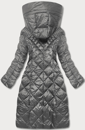 Szara długa pikowana damska kurtka płaszcz z kapturem