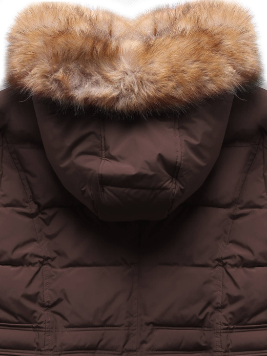 Brązowa zimowa genialna ocieplana zimowa kurtka płaszczyk z kapturem futerko