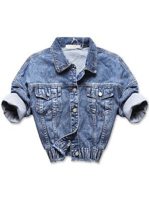 Niebieska genialna krótka damska kurtka jeansowa ze ściągaczem