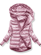 Różowa zimowa kurtka pikowana z kapturem z długimi ściągaczami zapinana na suwak