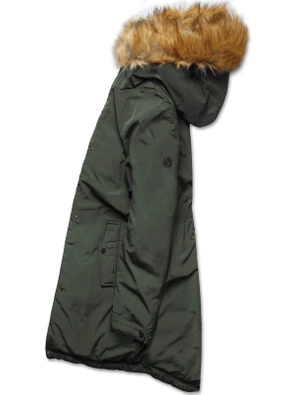 Zielono szara długa dwustronna ciepła kurtka parka z kapturem z odpinanym futerkiem