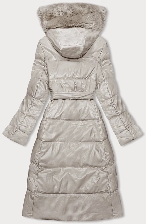 Ecru długi wiązany pikowany płaszcz z futerkiem z ekoskóry