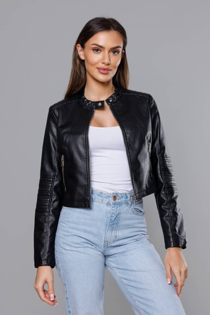 Czarna kurtka ekoskóra ramoneska ze stójką zapinana na suwak