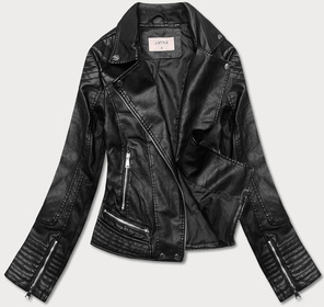 Czarna kurtka ekoskóra ramoneska zapinana na skos z klapami i ozdobnymi przeszyciami