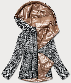 Jeanobrązowa dwustronna przejściowa kurtka damska z kapturem geometryczne wzory