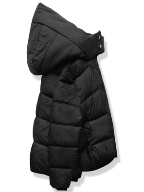 Czarna trapezowa pikowana zimowa damska kurtka z kapturem