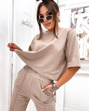 Beżowy dzianinowy komplet damski bluza spodnie