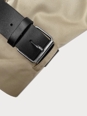 Ciemnobeżowy damski elegancki płaszcz trencz z modnym kołnierzem