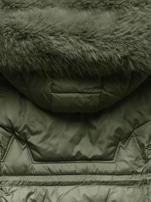 Khaki długa zimowa unikalnie pikowana damska kurtka z kapturem