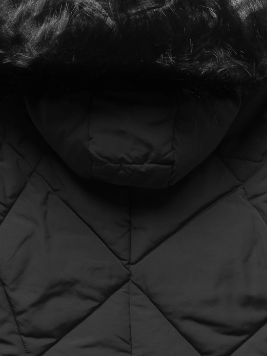 Czarna zimowa pikowana kurtka futro ze srebrną wstawką