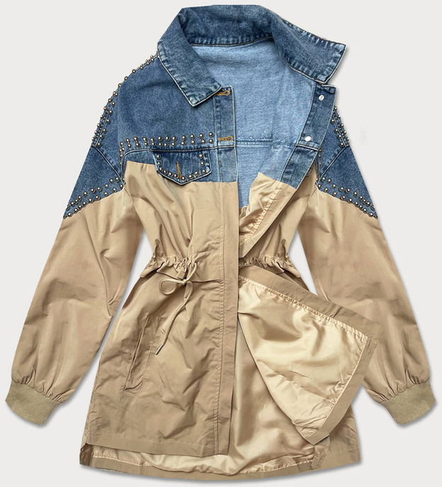 DAMSKA KURTKA JEANS DENIM Z ŁĄCZONYCH MATERIAŁÓW NIEBIESKO-BEŻOWA (PFFS12233)