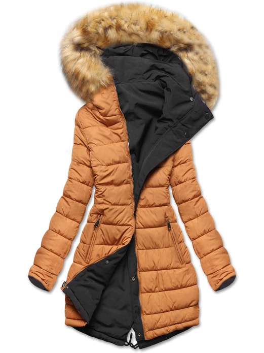 Czarno karmelowa długa dwustronna ciepła kurtka parka z kapturem z odpinanym futerkiem