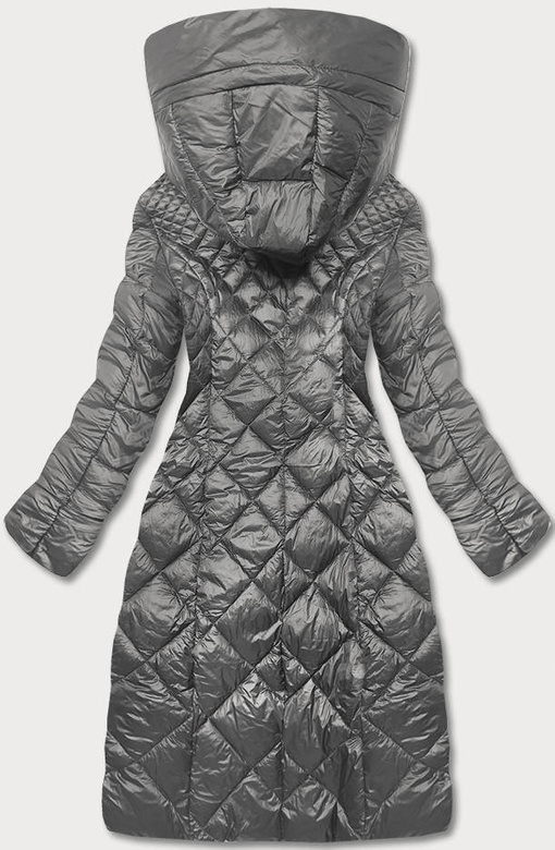 Szara długa pikowana damska kurtka płaszcz z kapturem