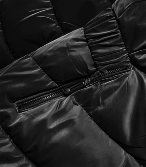 Czarna pikowana zimowa czadowa błyszcząca kurtka z futerkiem