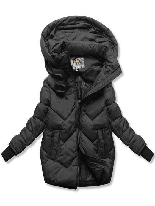 Czarna pikowana w jodełkę damska kurtka z kapturem