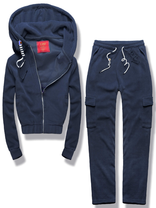 Granatowy prążkowany dres komplet z kapturem