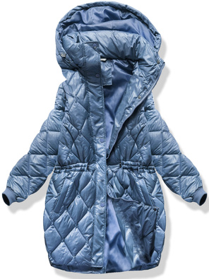 Granatowa oversizowa zimowa damska pikowana w karo kurtka z kapturem