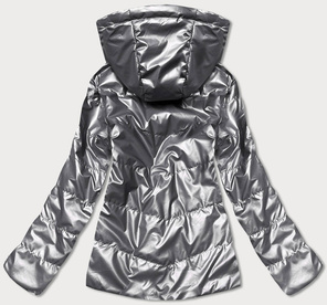 Szara dwustronna przejściowa kurtka damska z kapturem geometryczne wzory