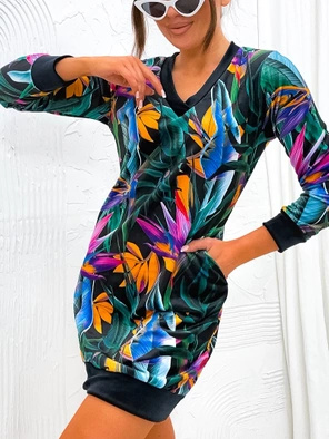 Czarno-żółta sukienka w serek z motywem tropikalnym 