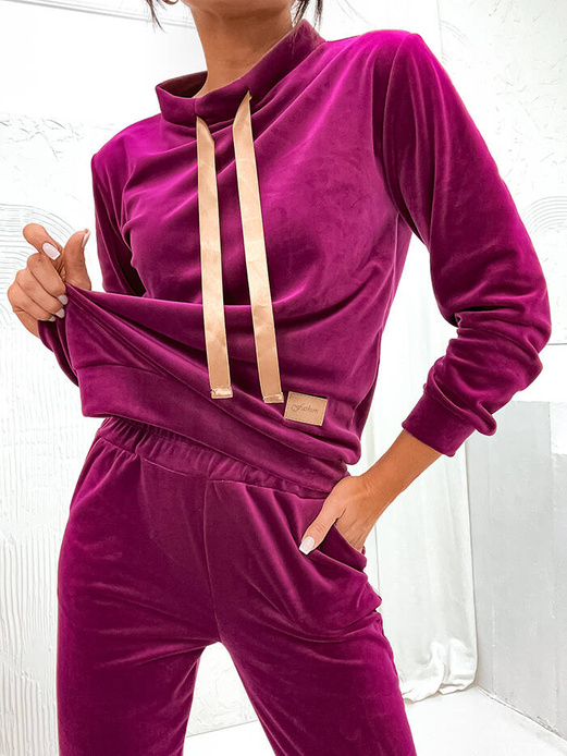 Fuksjowy damski welurowy gładki dres komplet z tasiemką