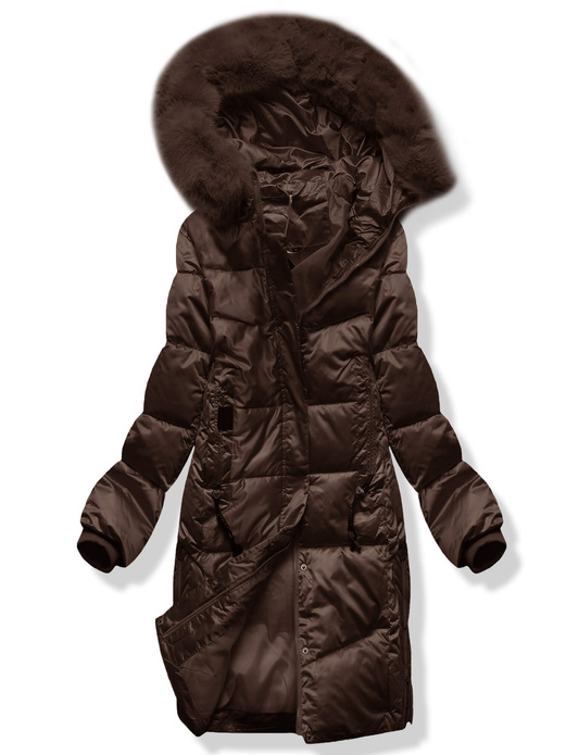 Brązowa śliczna pikowana zimowa kurtka damska z kapturem