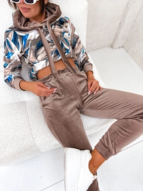 Cappuccino niebieski welurowy damski dres komplet z motywem tropikalnym
