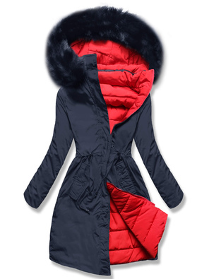 Granatowo czerwona genialna dwustronna kurtka z kapturem